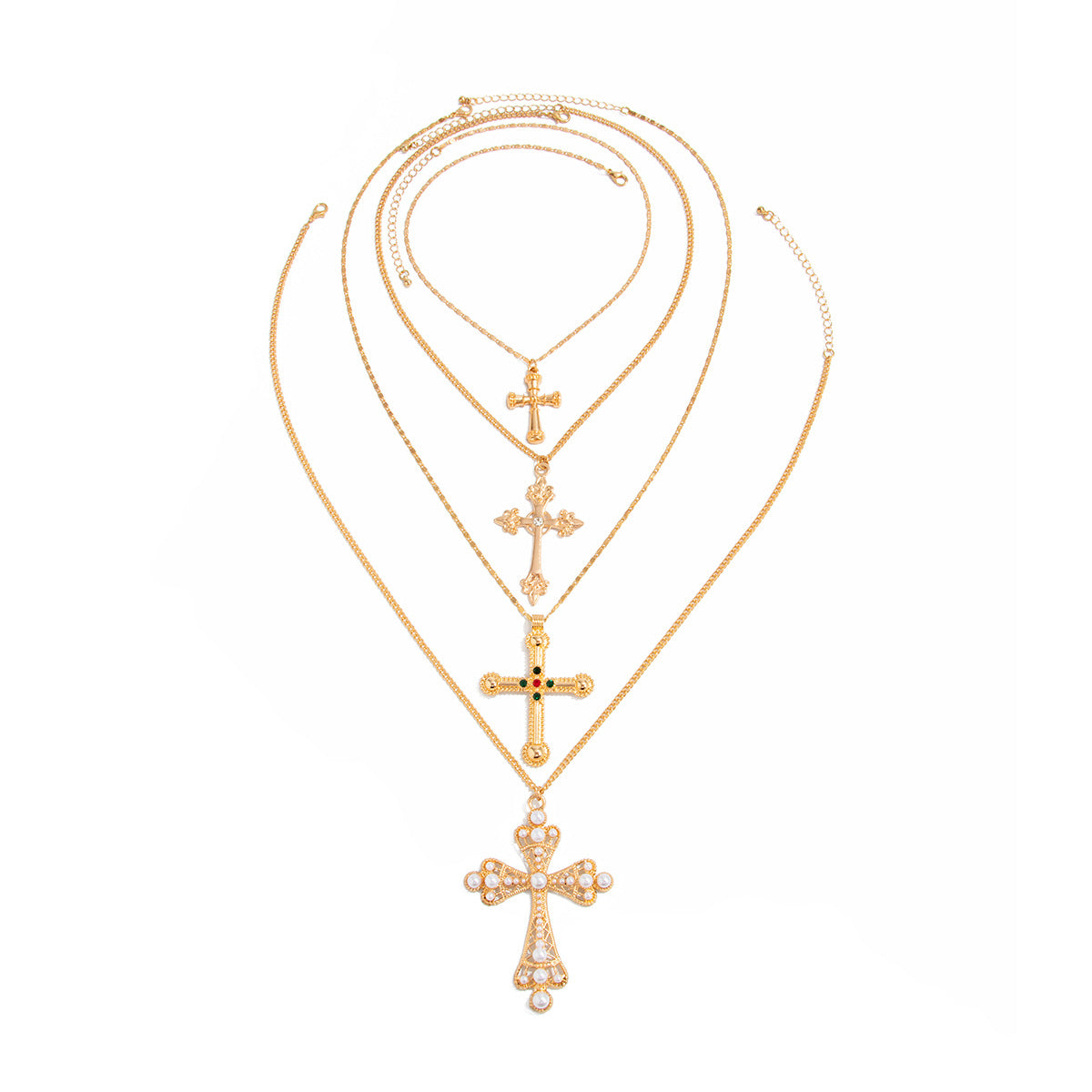 Wholesale Exaggerated multi-layered hip-hop cross necklace stacked with imitation pearls